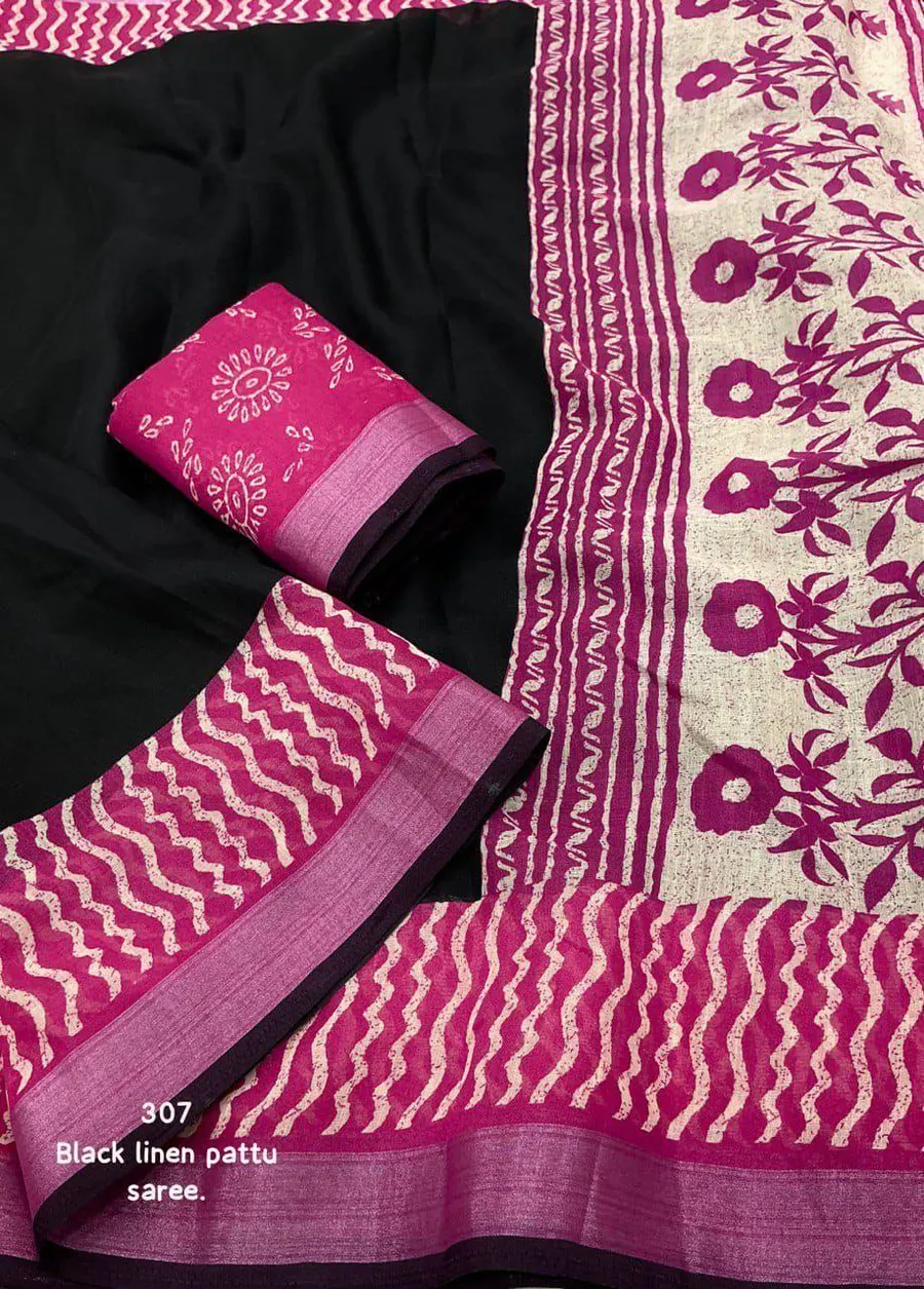 Soft Linen Saree with Pink Contrast Prints & Zari Woven Black Pattu Border